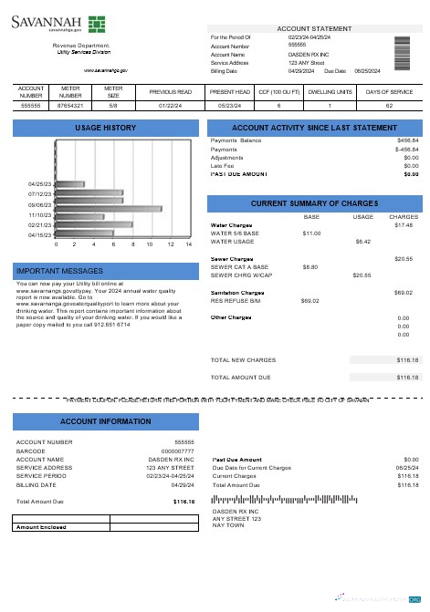 Download USA Georgia Savannah business utility bill template in Word and PDF formats Photoshop template